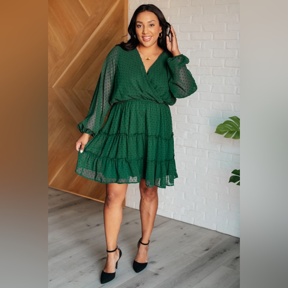 Emerald Green Swiss Dot Tiered Long Sleeve Dress
